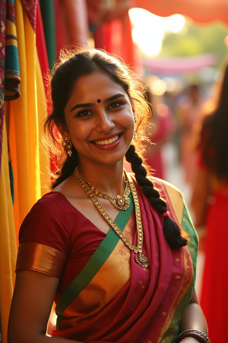 A cinematic portrait of a woman in a traditional sari, standing in a vibrant Indian marketplace, bright fabrics and colors surrounding her, golden afternoon light shining on her face, joyful smile, soft-focus background. Detailed and rich textures, hd quality