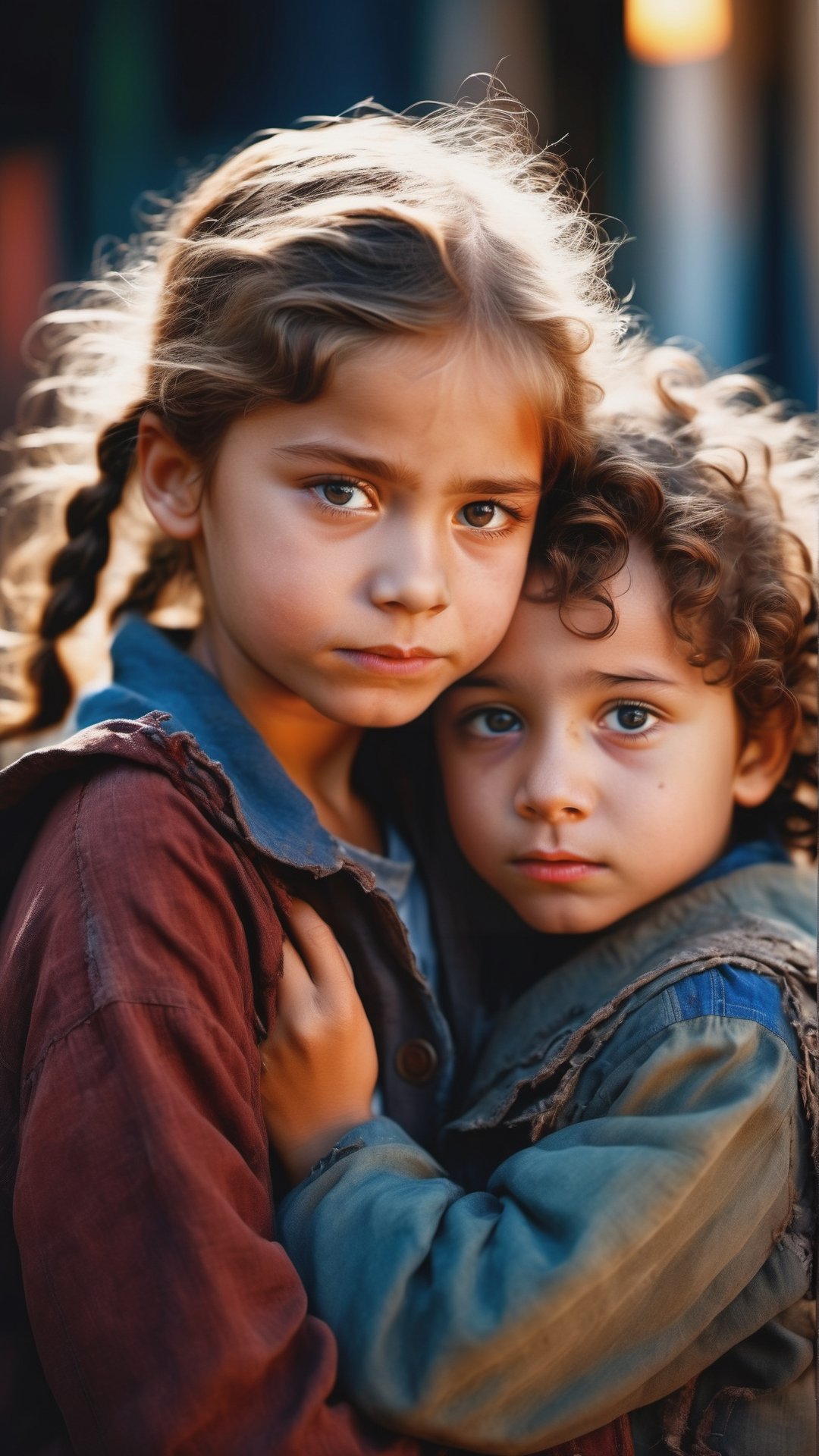 war photo of a little homeless girl ((wearing old, torn clothes, "hugging her little brother")), (shy), girl messy curly brown hair, very detailed face, beautiful eyes, [chubby], adorable, with rosy cheeks and bright sad eyes, beautiful, war environment destruction scene, (Rembrandt Lighting), zeiss lens, ultra realistic, (highly detailed skin: 1.2), 8k uhd, dslr, Dramatic Rim light, high quality , Fujifilm XT3, by panchovilla. 