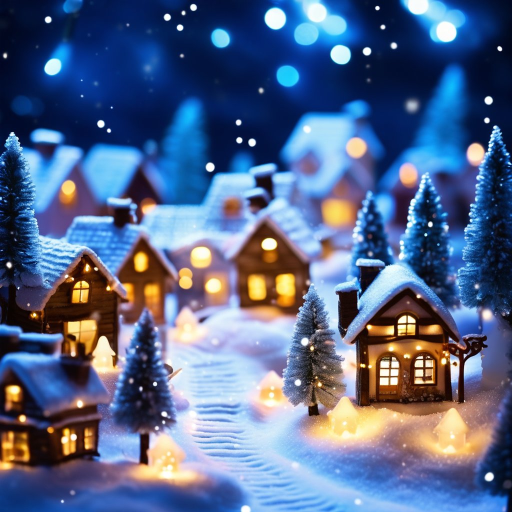 magical miniature winter village, covered in a blanket of snow with tiny cottages and glowing lanterns. Cool, icy tones with twinkling lights. Background with a starry night sky and snow-covered trees. Details include tiny footprints in the snow, delicate snowflakes, and frosted windowpanes.