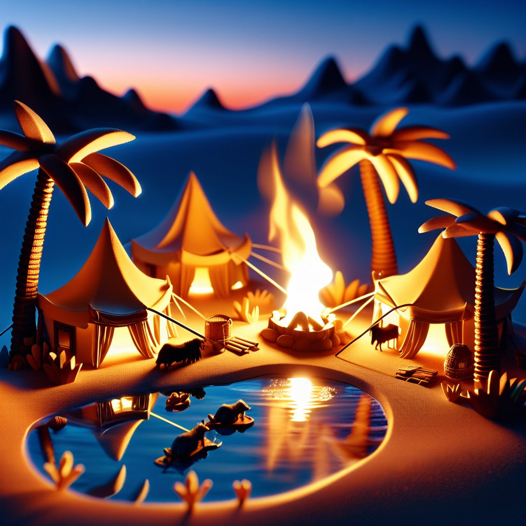 mystical miniature desert oasis, with tiny palm trees, a small pond, and tents around a campfire. Warm, sandy tones with glowing light from the fire. Background with towering dunes and a twilight sky. Details include tiny camels, intricate patterns on the tents, and delicate water reflections.