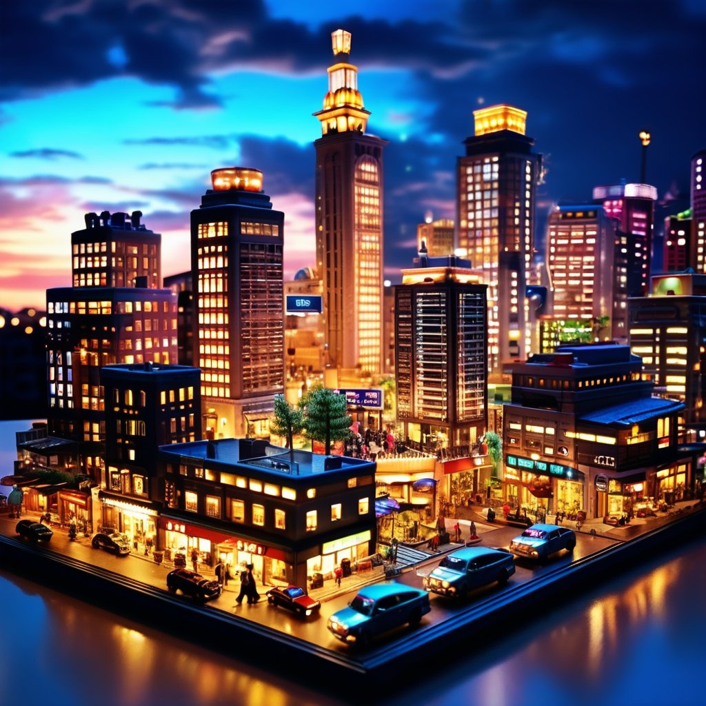 A whimsical miniature city, featuring tiny skyscrapers, cars, and bustling streets. Bright, playful colors with exaggerated proportions. Evening lighting with glowing windows and streetlights. Background with a large, out-of-focus sky, giving depth. Details include tiny people, intricate signage, and detailed urban textures.