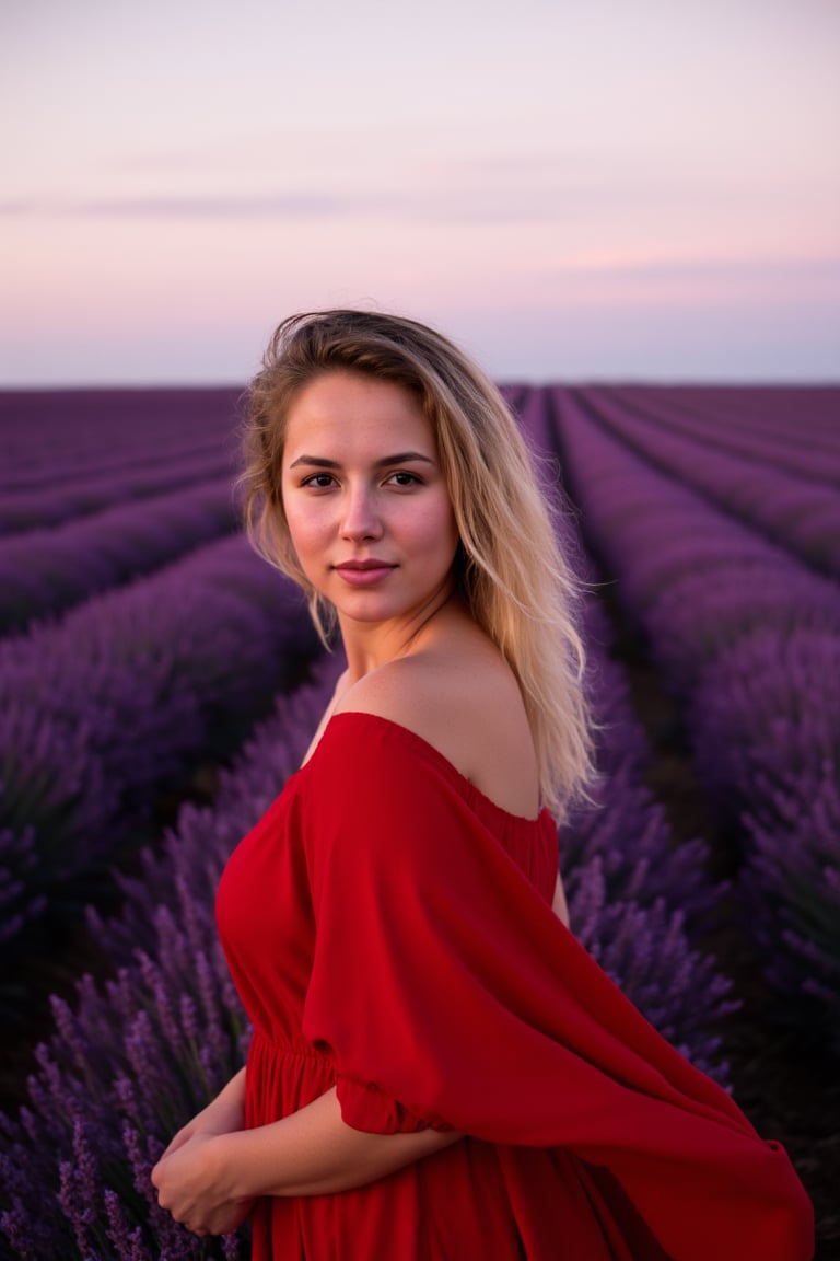 A natural portrait of a woman in a flowing red dress, standing in a lavender field, soft evening light casting warm hues on her skin, wind gently blowing her hair, deep purple and pink tones from the sunset in the background. Cinematic style, detailed textures, hd quality
