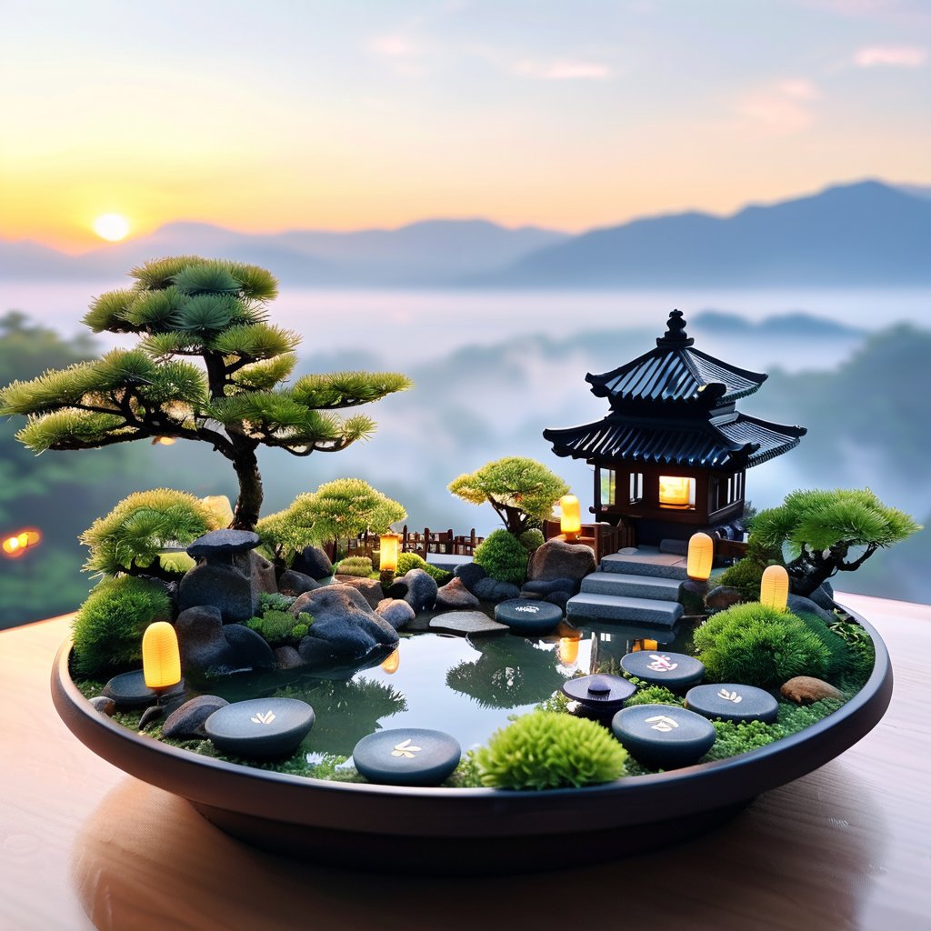 A serene miniature Japanese garden, with tiny bonsai trees, a koi pond, and a small pagoda. Calming, natural tones with dappled sunlight. Background with distant mountains and soft fog. Details include tiny koi fish, intricate stone paths, and delicate lanterns.