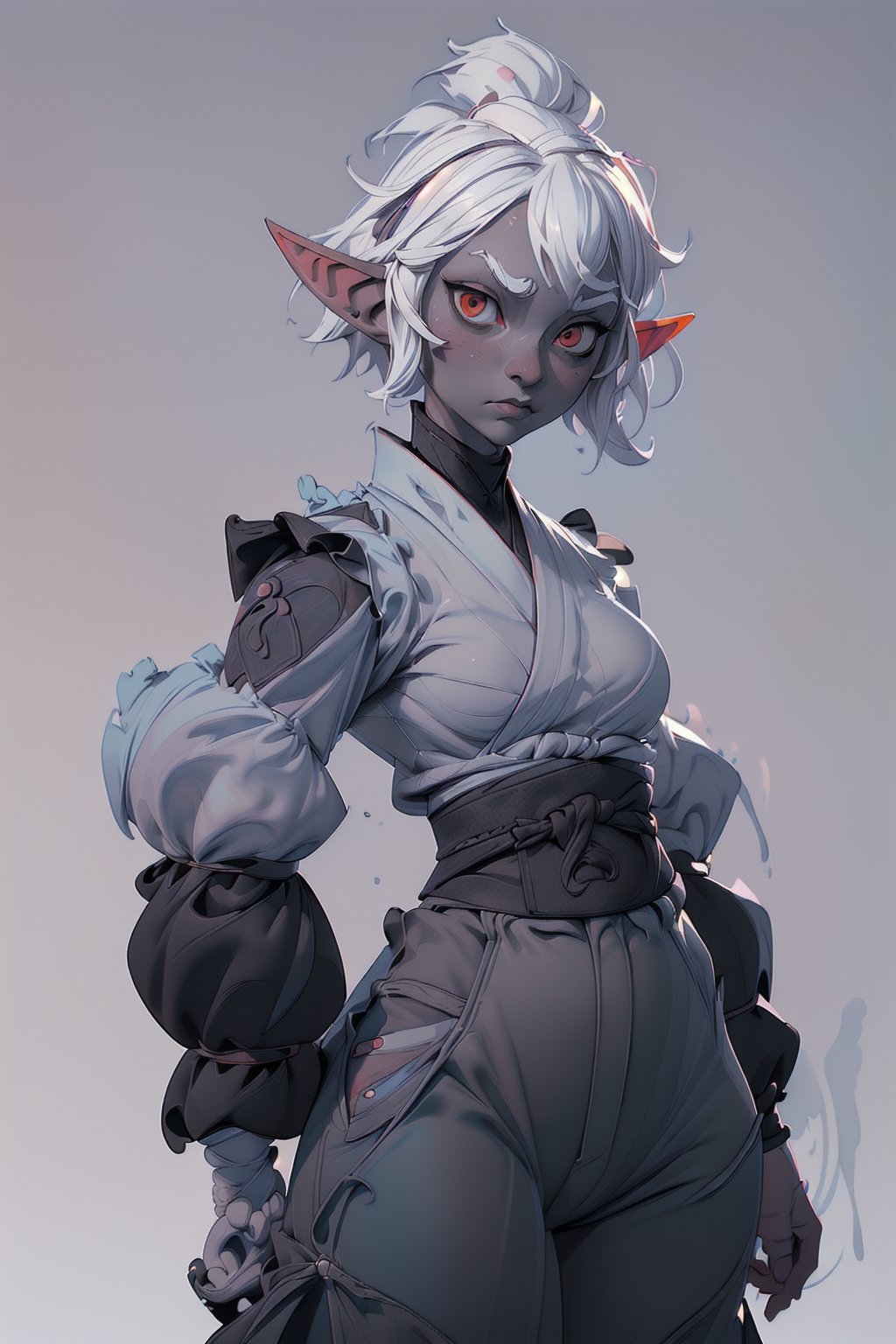 (((masterpiece:1.2,  best quality:1.2,  beautiful,  high quality,  highres:1.1,  aesthetic),  2:3,  portrait,  highly detailed,  extremely detailed,  ambient soft lighting,  brilliant contrast,  ((8k,  watercolor)),  1girl,  sad,  (elf girl),  long ears,  ((grey skin)),  small breasts,  red eyes,  thick eyebrows,  white hair,  short hair,  messy hair,  curvy_figure,  wide hips, ((puffy pants)), hakama, (pale skin),  revealing clothing,  ((black clothing)),  skindentation,  assassin,  ninja,  kunoichi,  cowboy shot,  abstract background,drow