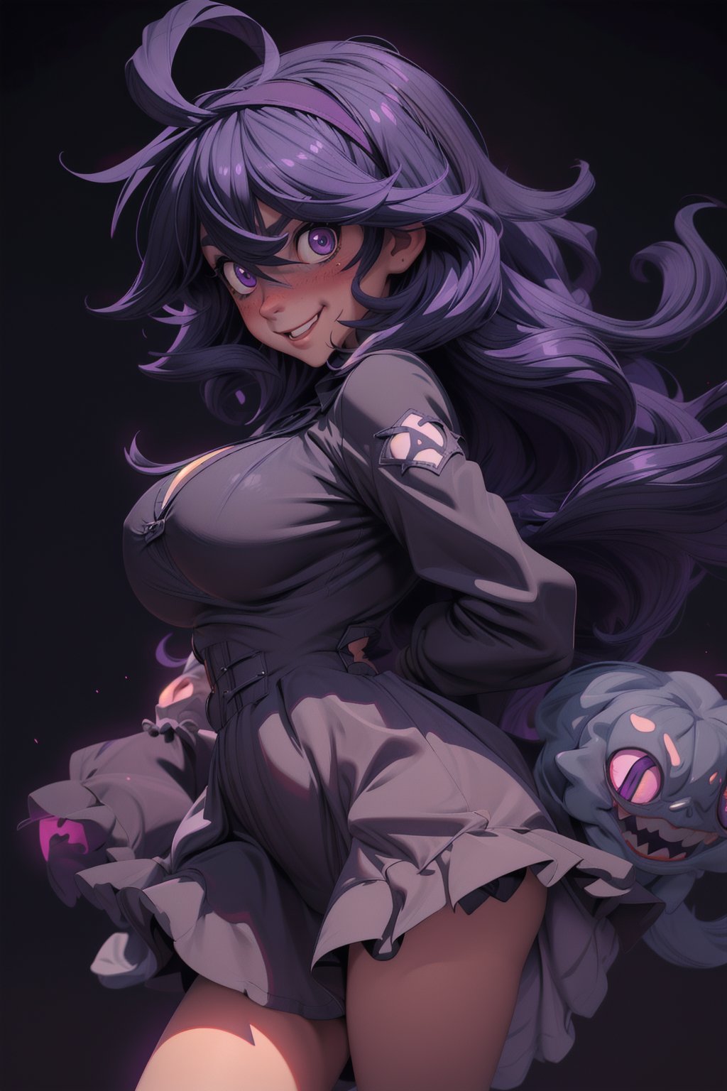 anime, occult, long hair, ahoge, hairband, @ @, 1girl, goth girl, black hairband, dress, messy hair, smile, huge breasts, wide hips, thick thighs, revealing clothing, skindentation, hair between eyes, looking at viewer, solo, bangs, dark purple hair, alternate breast size, open mouth, purple eyes, long sleeves, occult, mania girl, cowboy shot, low angle, lifting skirt, panty shot, ((black panties)), simple dark background, glowing ghost eyes in background, arms behind body, (masterpiece:1.4), (best quality:1.4), ((blushing)), heavy breathing, 