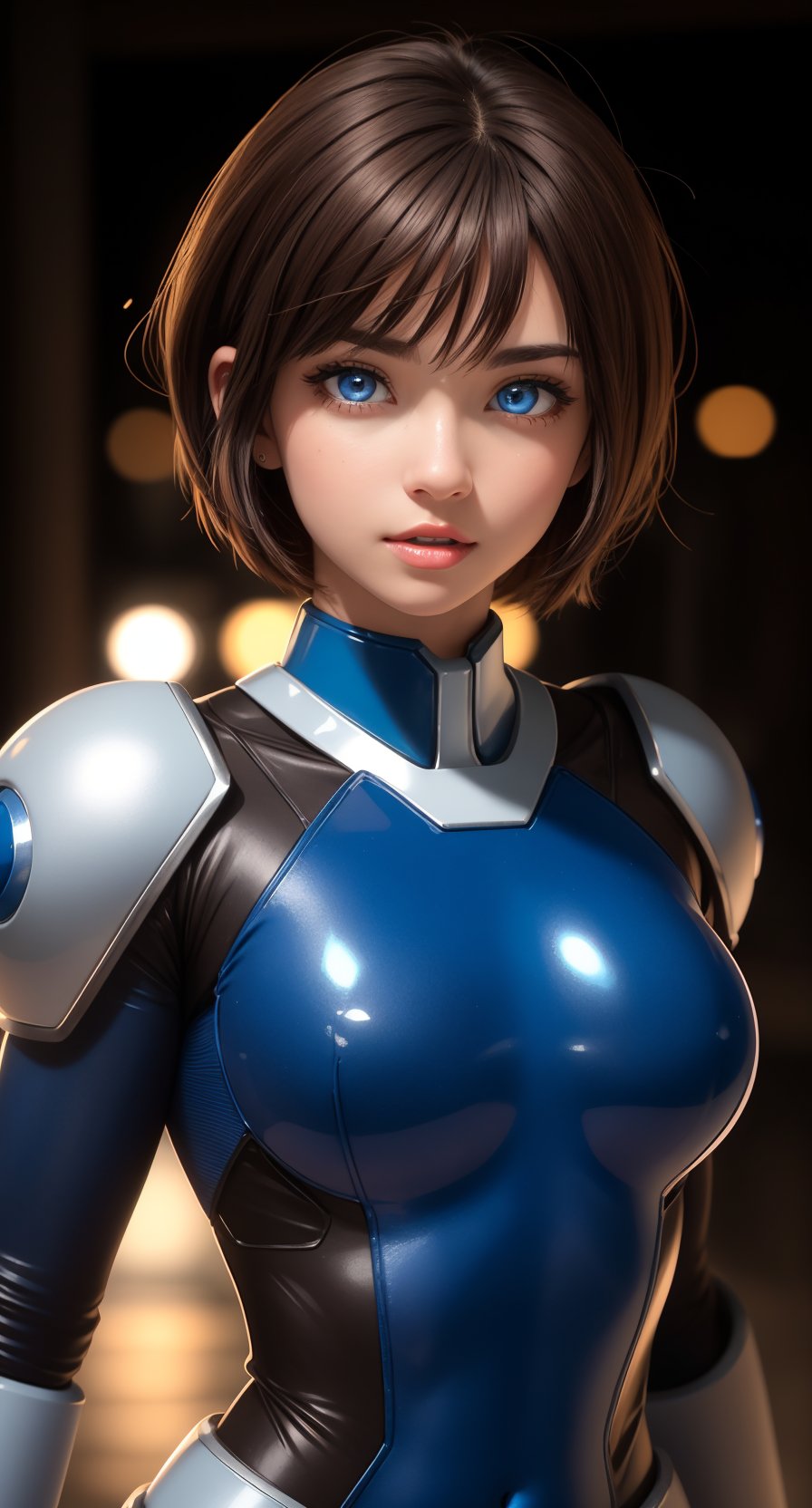 centered, digital art, upper body, (beautiful detailed eyes:1.2), 
| solo, woman, wearing the blue cybernetic armor with black parts of Megaman-X, 
 tight bodysuit, brown hair, short hair, bangs, blue eyes, muscular proportions, | in a dungeon made all of metal, | bokeh , depth of field, | Megaman-X,