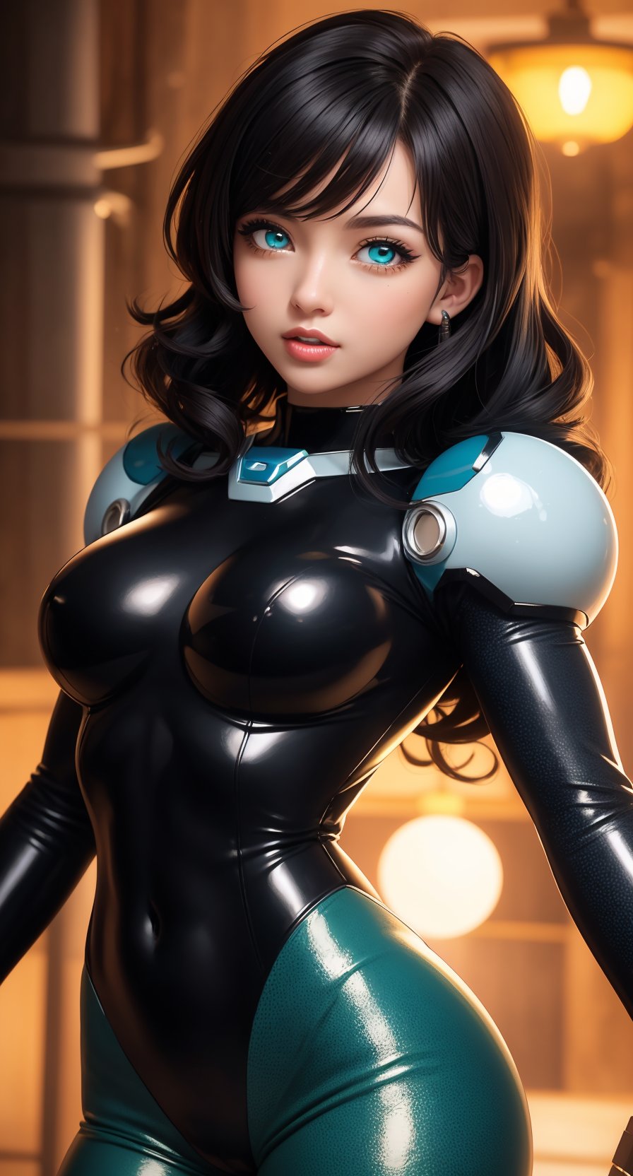 centered, digital art, upper body, (beautiful detailed eyes:1.2), 
| solo, woman, wearing the yellow cybernetic armor with black parts of Megaman-X, 
 tight bodysuit, black hair, curly hair, bangs, green eyes, muscular proportions, | in a dungeon made all of metal, | bokeh , depth of field, | Megaman-X,