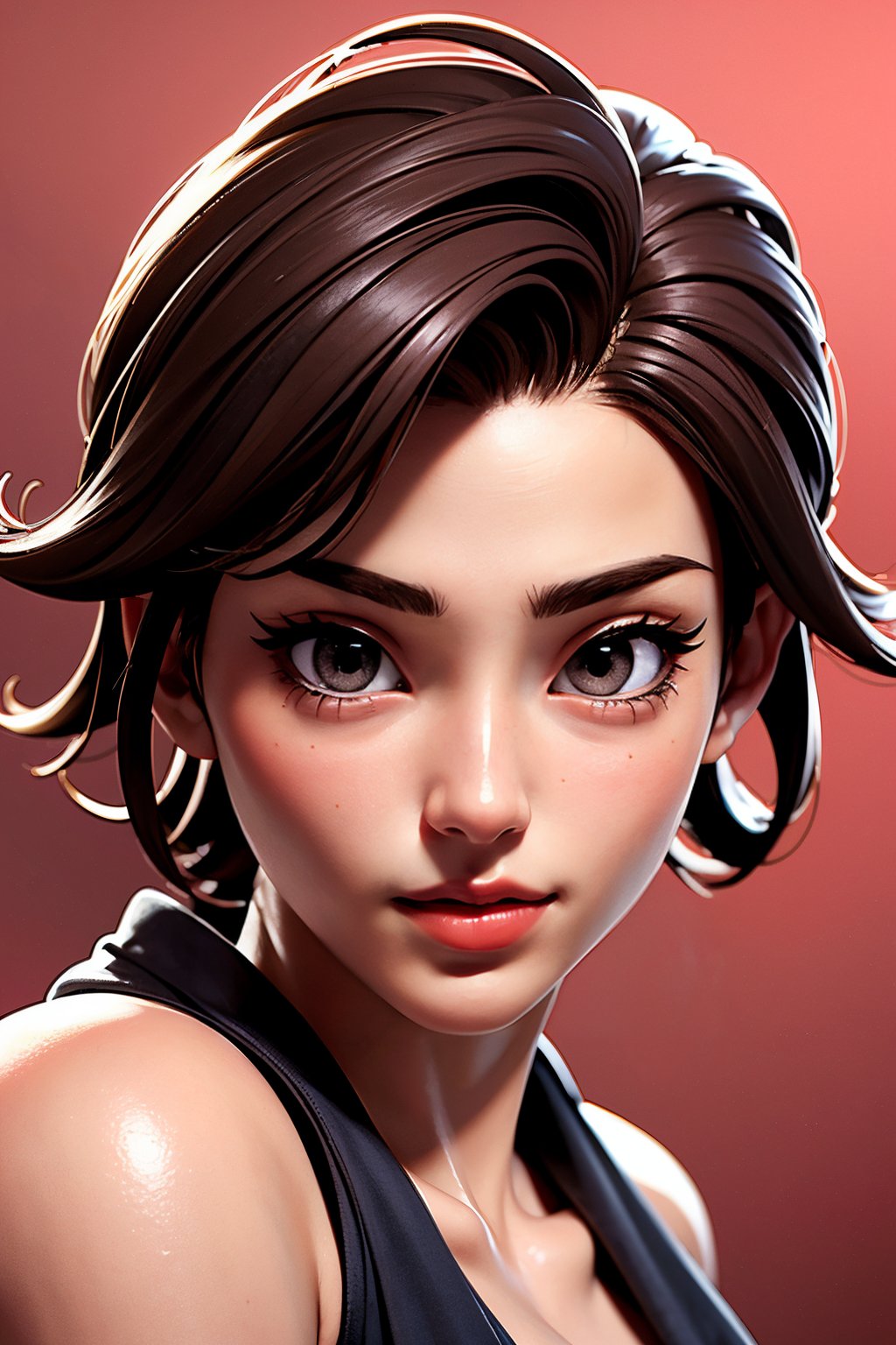 masterpiece, best quality, perfect eyes, brown eyes, short brown hair, red lips, Tokyo background, anime, Chunli custome, award winning face portrait, blushed face, looking at viewer, 3DMM
