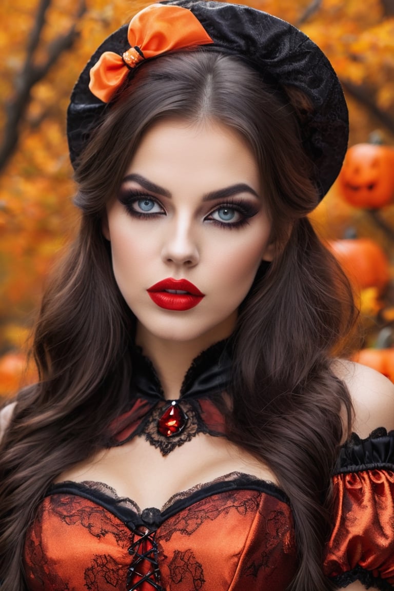 create a beautiful women in halloween costume asking for a candy , trick or treat,scary and cute costume, long hair , beautiful eyes, red lips,detailmaster2,more detail XL