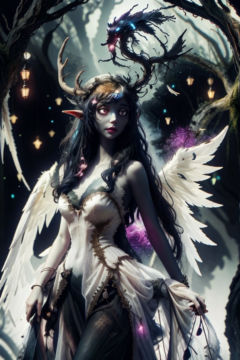 HDR, Ultra detailed illustration of a elf in a magical world full of wonders forest, unique luminous flora, highly detailed, pastel colors, digital art, art by Mschiffer, night, dark, grey bioluminescence, (darkness background:1.2), 1girl, white skin, pale skin,
,Celestial Skin ,angel_wings,zombie bride, edgAntlers