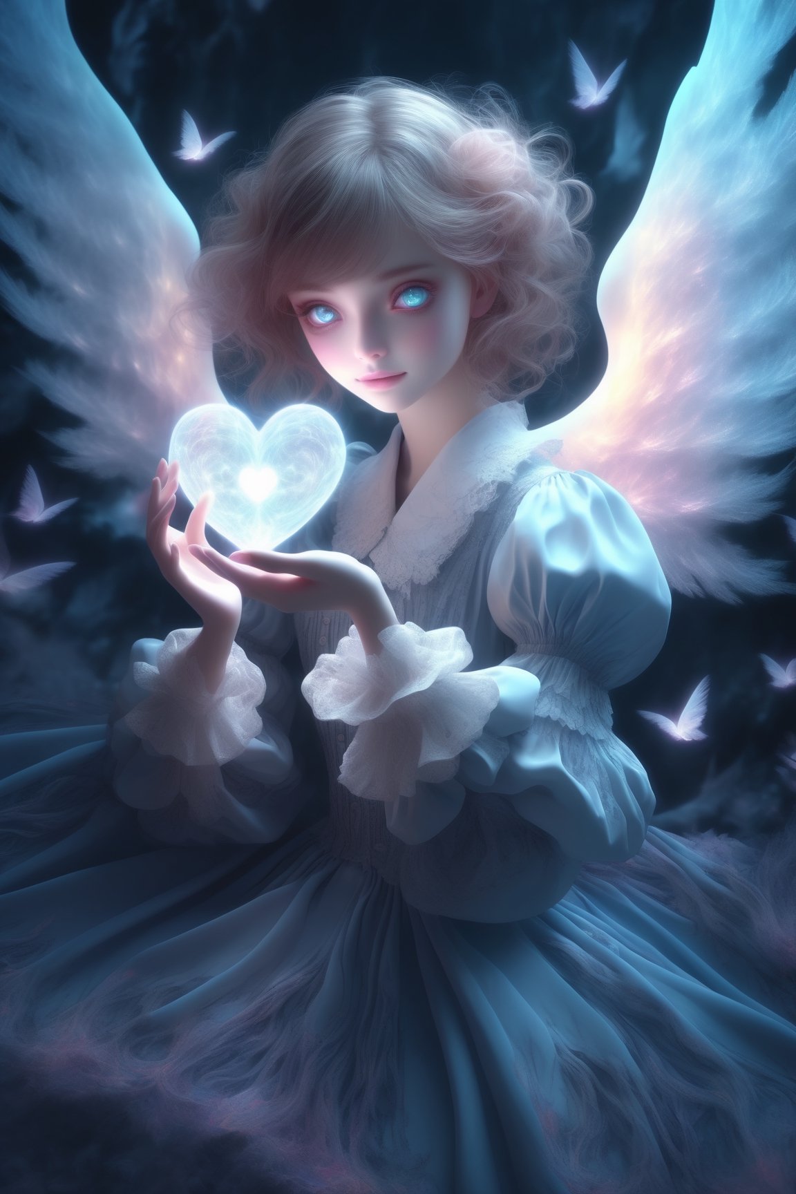 (masterpiece, top quality, best quality, official art, beautiful and aesthetic:1.2), (alluring_lolita_girl), extreme detailed, (fractal art:1.3), colorful, highest detailed, zoom_out, perfect eyes, random hairstyle, forming heart hands ,ghost person, wearing glowing angel wings