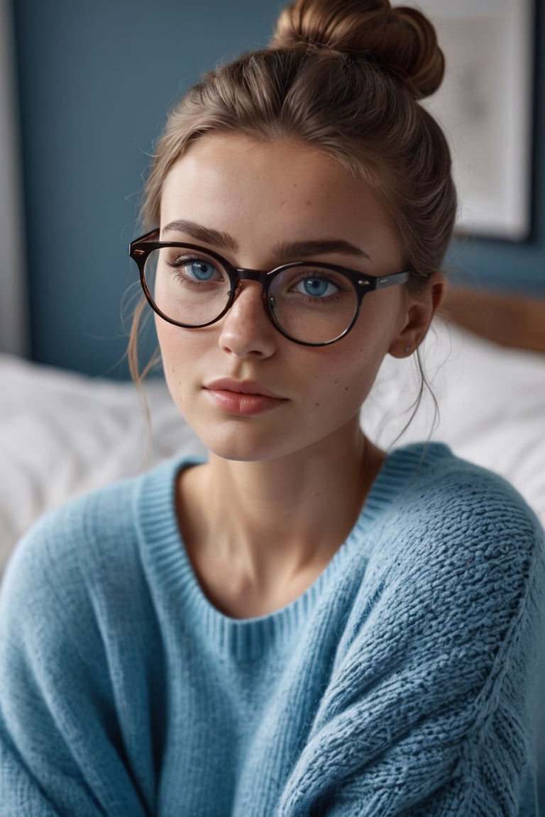 Highly detailed, masterpiece, 1girl, looking_at_viewer, upper_body, wearing big eyeglasses, spectacles,blue eyes, wearing oversized sweater, sharp focus, sitting on bed, bokeh, metal reflection, most beautiful girl, best quality, 3d, 16k, ((very small tatoo on neck:1)), realistic, natural skin, photorealistic, raw photography, real skin, ((27 yrs old:1)), ((one hair bun:1)) , fit