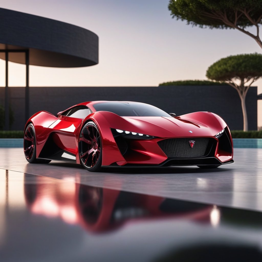 1 car, metallic red,black wheel rims, sleek, flat, concept, dynamic, aerodynamic, realistic, photorealistic, aggressive looking, stylish, futuristic, highly detailed, best quality, highest resolution, 16k render, bokeh, background blur, lawn, modern, unique, beautiful design, flat design, masterpiece, natural, natural lighting, vibrant, highest exposure, high clearity, high texture quality, wide body, flat body, mansion parking, modern background