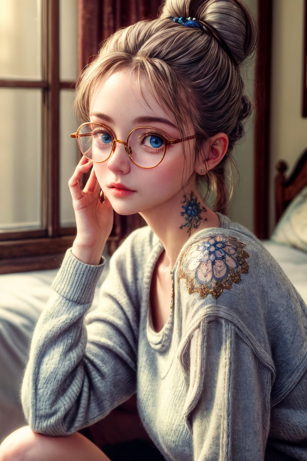 Highly detailed, masterpiece, 1girl, looking_at_viewer, upper_body, wearing big eyeglasses, spectacles, cute face, blue eyes, wearing oversized sweater, sharp focus, sitting on bed, bokeh, metal reflection, most beautiful girl, best quality, 3d, 16k, small tatoo on neck, realistic, natural skin, photorealistic, raw photography, real skin, 25 yrs old, hair_buns