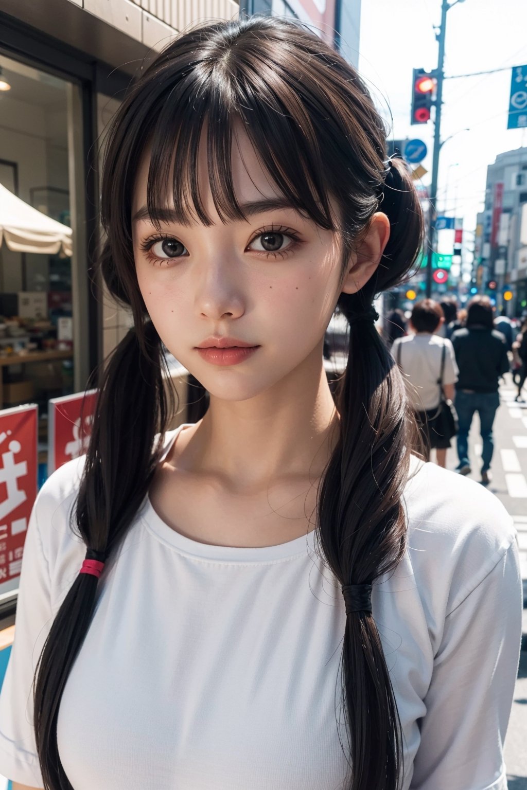 face portrait, RAW photography, (masterpiece), detailed background, perfect lighting, 1girl, long hairstyle, bangs, medium breasts, twintails, brown eyes, tokyo city,