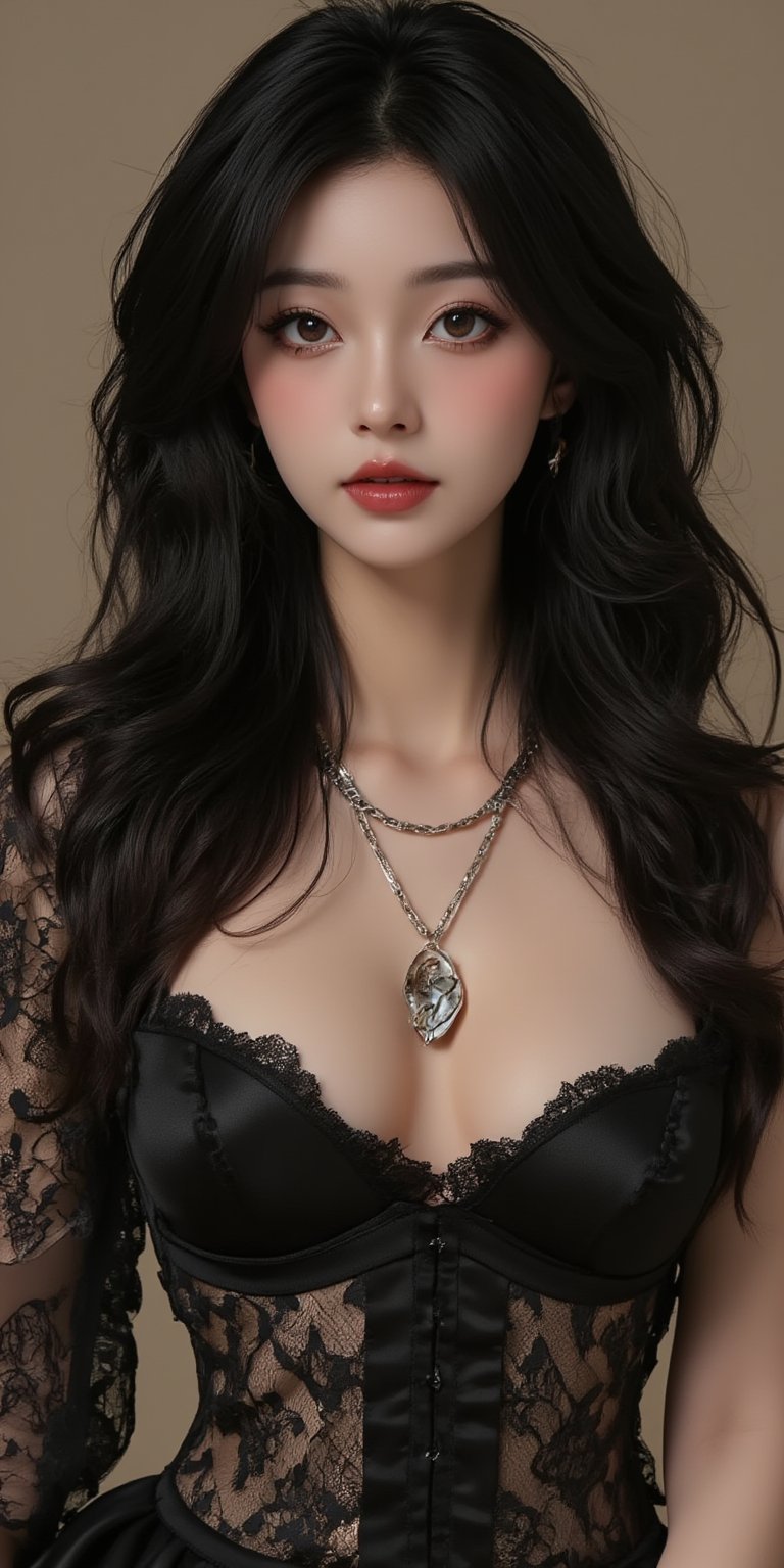 midjourney_whisper_innocent_eyes, midjourney_whisper_avant_couture, stunning Japanese woman in lace and satin, long loose black hair, necklaces