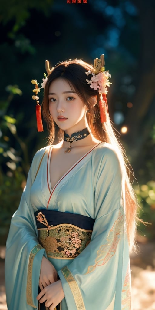 raw photo, half body shot, waist up to head, extremely beautiful 18 years old caucasian woman with ginger hair, chinese goddess on a cloud, Hecate, (((her head is fully visible))), (((distant shot))), ((unzoom)), in an intricate fluttering pastel orange-blue hanfu, a beautiful decoration on her head, detailed face, detailed skin, holdig an ancient chinese sword, art by Alphonse Mucha, front, background magical garden in chinese heaven, cover, unzoom, choker, hyperdetailed painting, luminism, Bar lighting, complex, 4k resolution concept art portrait by Greg Rutkowski, Artgerm, WLOP, Alphonse Mucha, little fusion pojatti realistic goth, fractal isometrics details bioluminescens : a stunning realistic photograph 30 years, use Alchemy beta 2D image pipeline from Leonardo.Ai to enhance the image, prompt magic,1 girl,yoimiyadef,weapon, mandala, zentangle,Blender,kamisato_ayaka