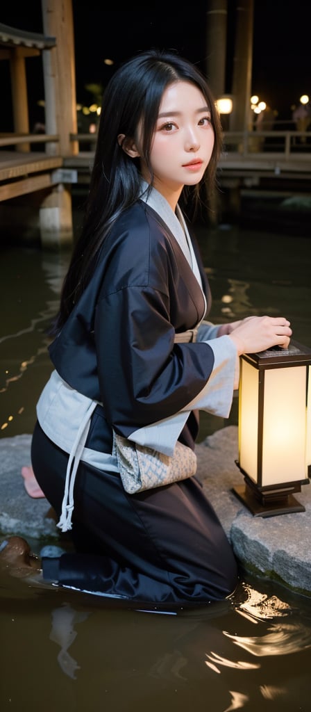 score_9, score_8_up, masterpiece, Simple background, Japanese pattern background, A girl in a kimono kneels solmenly next to a river as she places a Toro nagashi (灯籠流し) in the river. her face is softly lit by the light. In the river are other floating lanterns as they pass by. Background is softly illuminated nighttime scenery