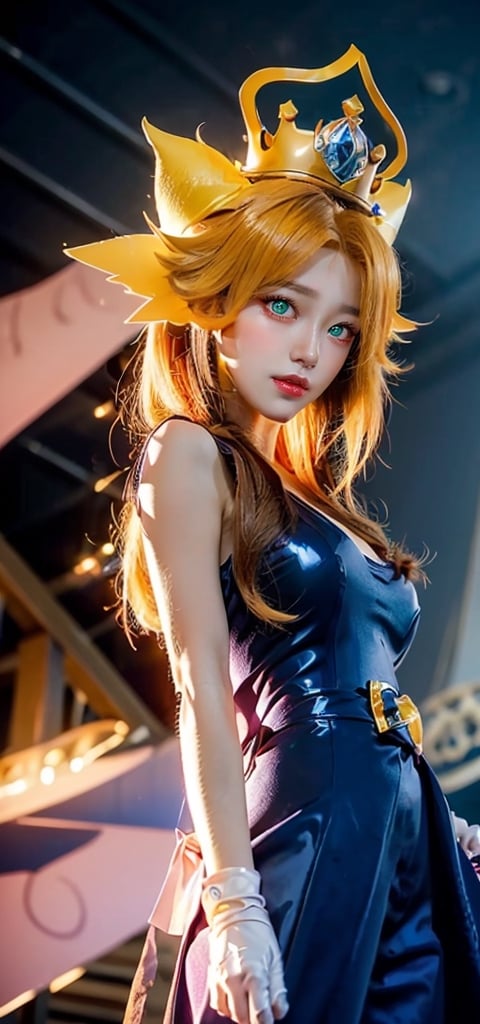 (masterpiece, best quality:1.5),(surreal:1.3), hdr, depth_of_field, vivid color, vibrance theme, 1girl, princess peach \(mario)\, blonde hair, blue eyes, long hair, crown, gem, gloves, (pink latex bodysuit), white gloves, hands_on_waist, looking_at_viewer, smirk, evil smile, frowning,(from below:1.5), fantasy castle background, outdoors, epic sky, colorful clouds, lightnings,bowsette,Detailedface,mario