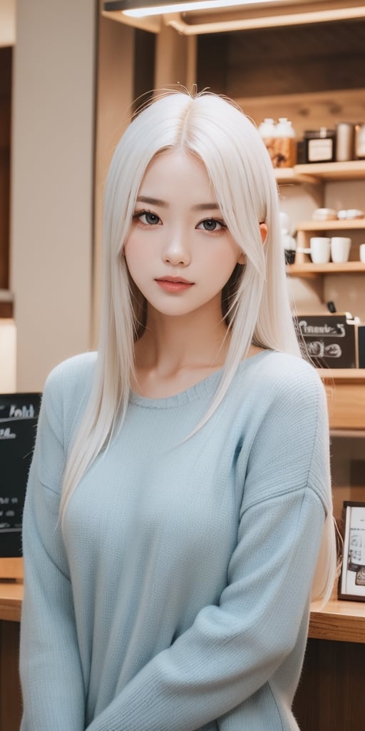 photo of a woman taken by i phone, soft smile, long straight white hair, thin nose, high cheek bones, depth of field, coffee shop background, highly detailed, detailed blue eyes,Detailedface