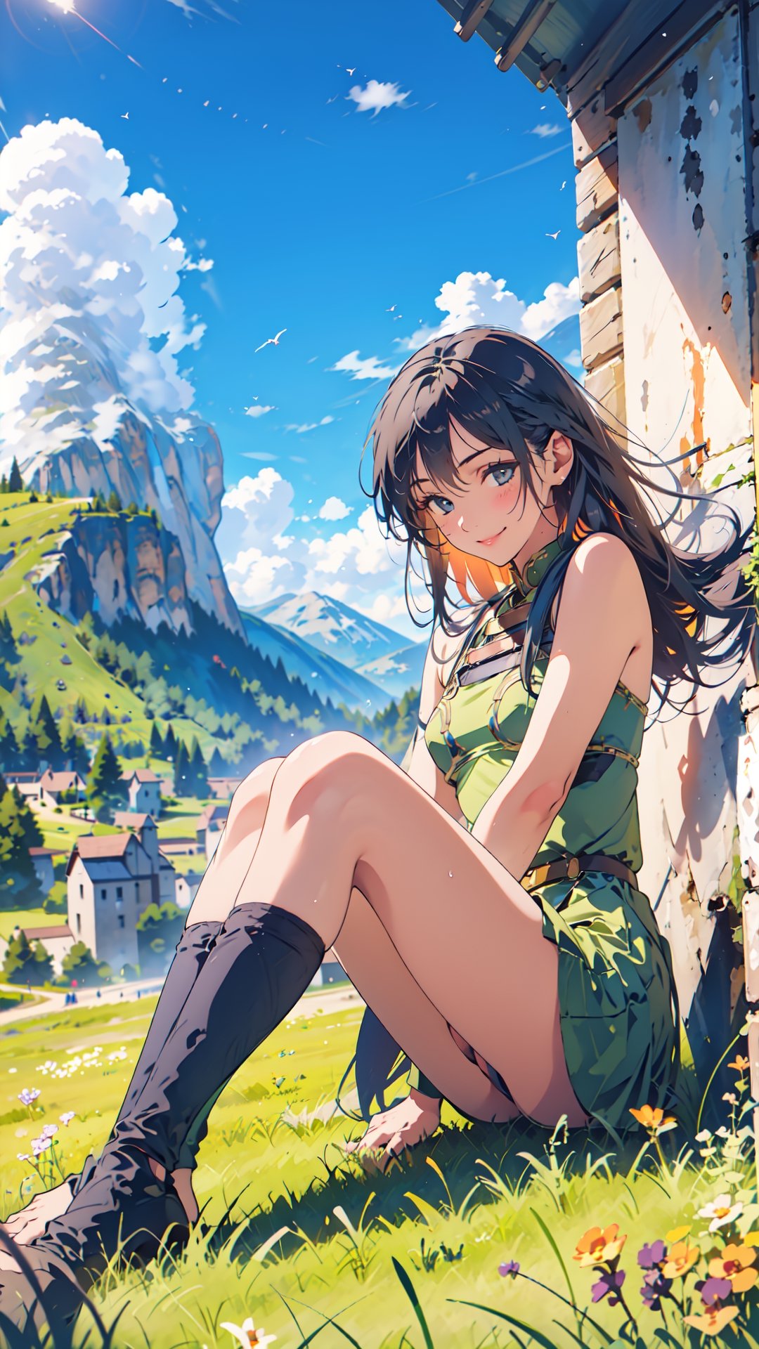 Under the blue sky, the young girl gracefully sat down on the lush grass.smile,The wind is blowing,A field of spring flowers,Far in the distance, the Alps mountain range is visible,The wind makes the hair flutter,strapless,ANI_CLASSIC_deedlit_ownwaifu,perfect,ruanyi0138