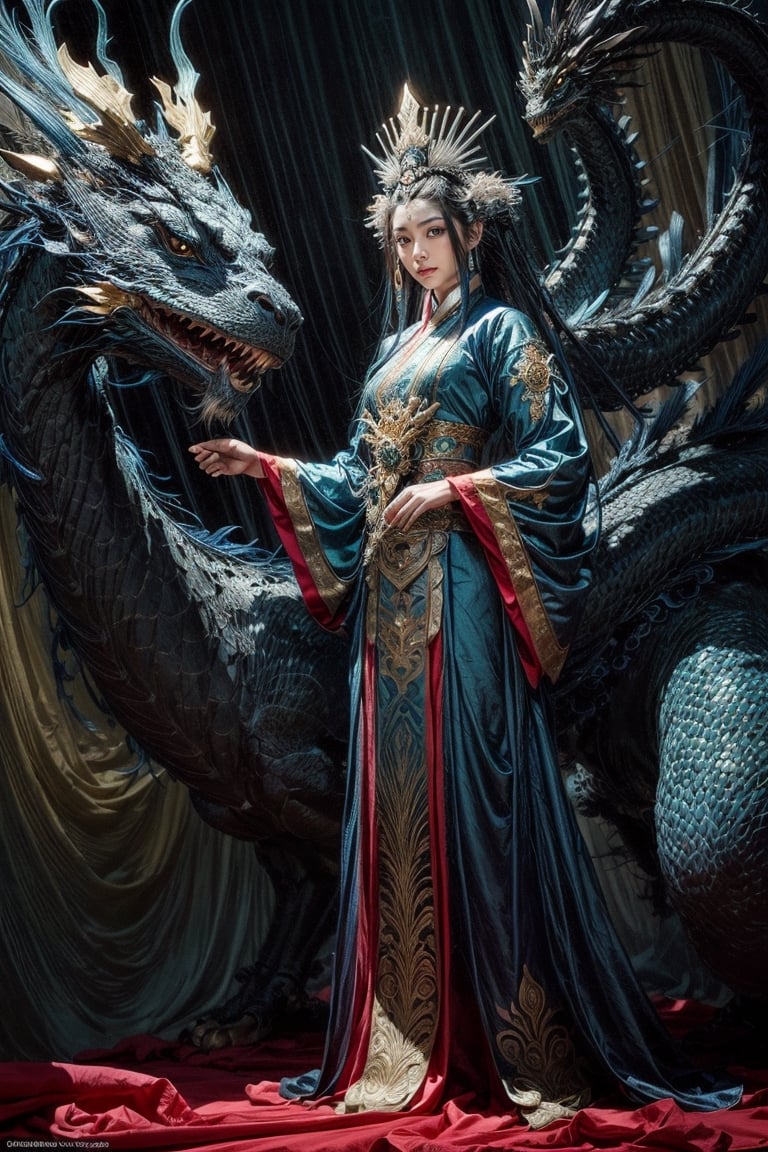 Full body shot of a character standing in majestic pose, realistic representation of a fantasy chinese empress with the most sumptuous wedding hanfu dress made of blue silk and richly embroidered with gold and silver threads, intricately carved golden badges and tassels. one green Chinese Long dragon. Art by Yoshitaka Amano, Huang Guangjian, Zhong Fenghua, stunning interpretive visual, gothic regal, colorful, realistic eyes, dreamy magical atmosphere, (film grain), (warm hue, warm tone), cinematic light, side lightings,zhongfenghua,gu