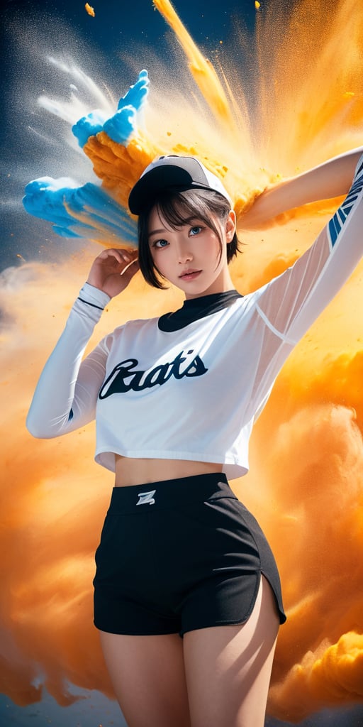 score_9, score_8_up, score_7_up, masterpiece, best quality, high resolution, 1 girl, solo, Korean girl, looking at viewer, upper body, reality, short hair, black hair, bangs, big breasts, white T-shirt, black sports shorts, standing, focus to viewer, (Holding the baseball :1.3), in a crowded sports stadium,white sports bra,hip vent,thong,ruanyi0798,black shorts,realistic,1girl,black skirt,m1ngstyl3d,long sleeves,white shirt,sleeves past wrists,girl cap,(((Explosive dust, colorful dust)))