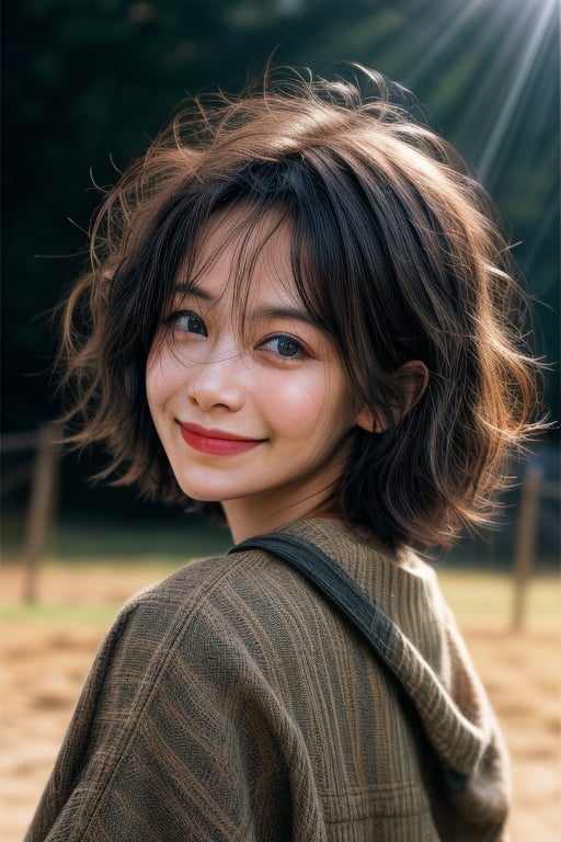 Short hair, (sweet smile), tilt head, strong wind,  light particles, ear covered by hair, dimple cheek, simple background,blurred background, light rays, portrait, perfect eyes, small nose, sharp jaw,perfect eyes,Detailedface