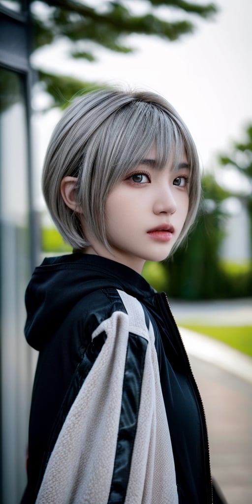 (masterpiece, best quality, highres:1.1, photorealistic:1.2), ultra resolution image, (realistic, realistic skin texture:1.2), a 20 yo woman, short_hair, light theme, smoothing tones, muted colors, low contrast, (natural skin texture, hyperrealism, soft light, sharp), outdoors, cyber coat, ,4ngel,m4ri3,mikumonmon_48,perfect