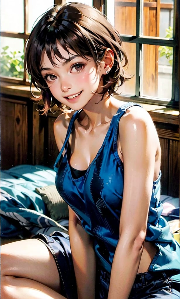 1girl, solo, breasts, looking at viewer, smile, short hair, brown hair, sitting, big breasts, teeth, day, grin, tank top, sharp teeth, realistic, Japan style, downblouse, 18 years old, sunlight from windows, 150mm canon lens, bedroom