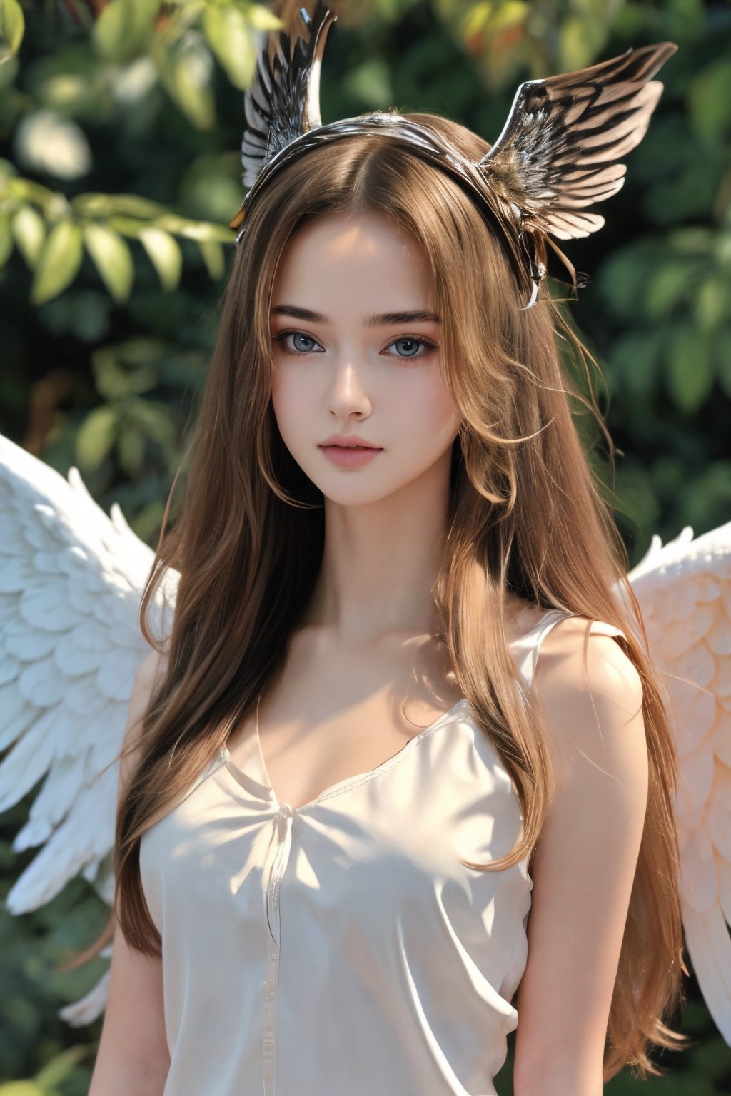 photorealistic, masterpiece, best quality, raw photo, 1girl with a angel ring on the head, brown eyes, solo, long hair, silver hair, detailed face, alluring face, collared shirt, medium breasts, dynamic pose, looking at viewer, detailed background, fine detailed, intricate detail,  ray tracing, depth of field, low key, hdr, wings at her back