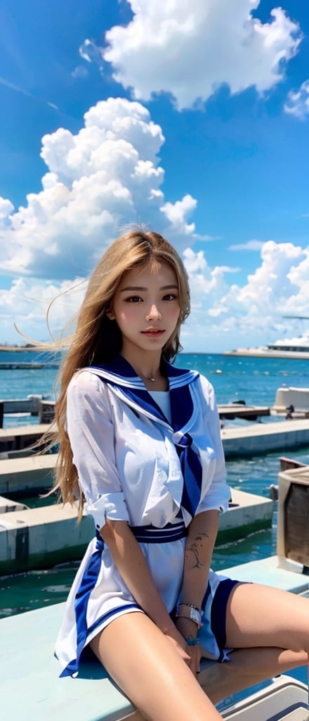 1girl, solo, long hair, looking at viewer, blonde hair, brown hair, shirt, dress, brown eyes, jewelry, sitting, white shirt, outdoors, sky, day, cloud, sailor collar, water, white dress, bracelet, blue sky, ocean, realistic, watercraft, boat,girl,Sexy Pose,Styles Pose,Striking Pose