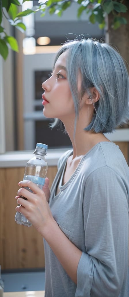 1girl, solo, short bob hair, shirt, (light blue ash hair:1.3), holding, white shirt, blurry, lips, profile, depth of field, blurry background, bottle, holding bottle, water bottle, (in a bottle The stars are sparkling),