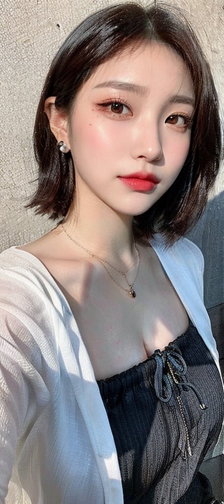 create a portrait of a korea girl with a beautiful face and supermodel figure, showing her elegance and temperament on the roof of a cyber city, creating a strong contrast with the background image behind her. brown short hair, dark brown eyes, blue, pink face makeup, white loose t-shirt, create a full body image, create earrings in her ears and a modest necklace around her neck

((Masterpiece, Best Quality)) ultra-high resolution pictures, crystal transparency, vivid artwork
super real, photography style, realistic style, cinematic filmmaker style,