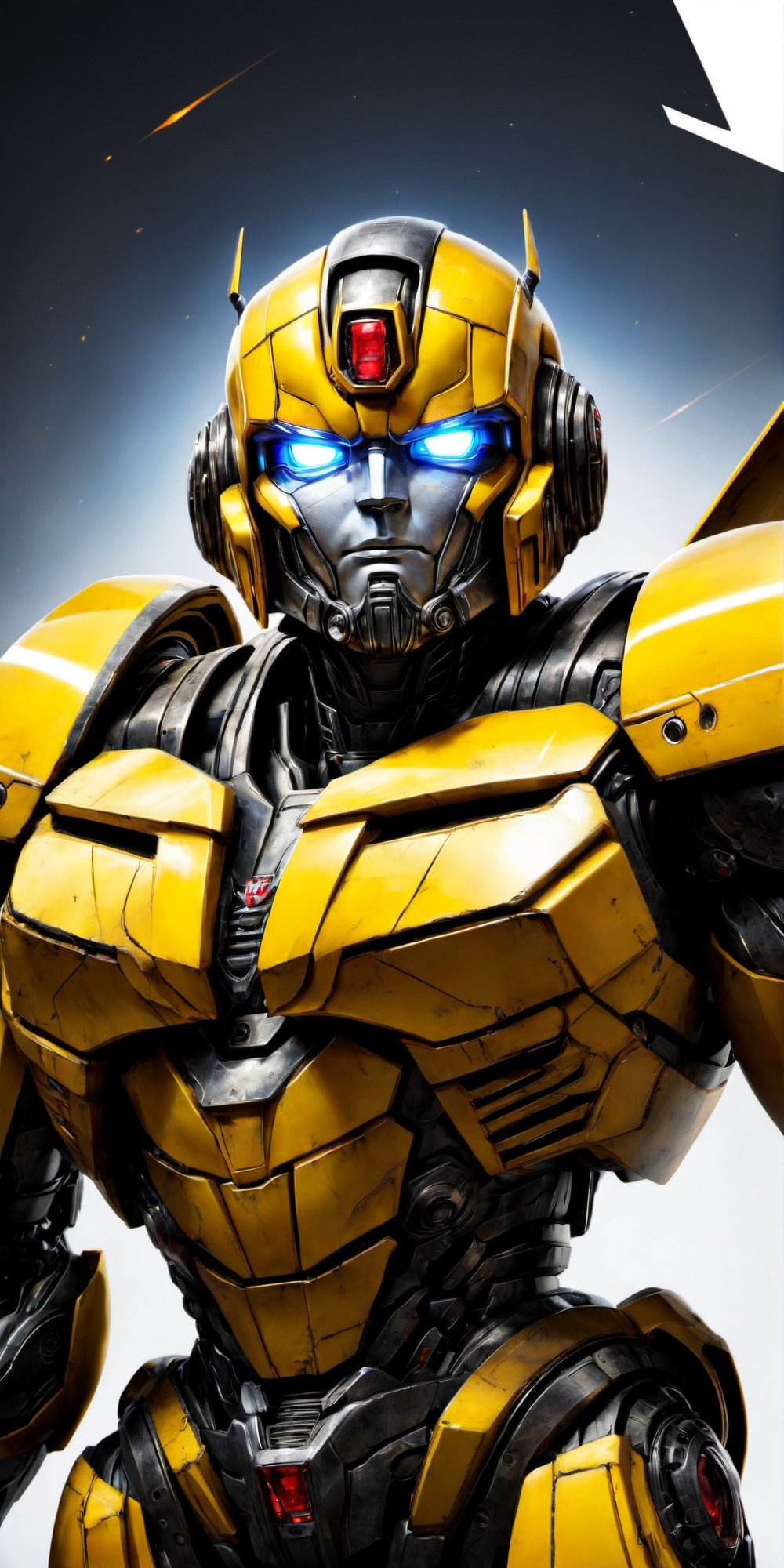 Bumblebee, the legendary Autobot from the "Transformers" movie franchise, stands tall in a "greatness pose," radiating an aura of strength and valor. The artwork showcases Bumblebee's iconic design and charismatic presence, encapsulating his leadership within the Autobot ranks. The mood is empowering and bold, symbolizing the spirit of heroism that defines the character. T-shirt design graphic, vector, contour, white background.

Colorful, cyberpunk, 1man , techwear suite, googles, dynamic pose, grafiti:1.5, sci-fi, futurism, vivid, with dog, high_res,Movie Still