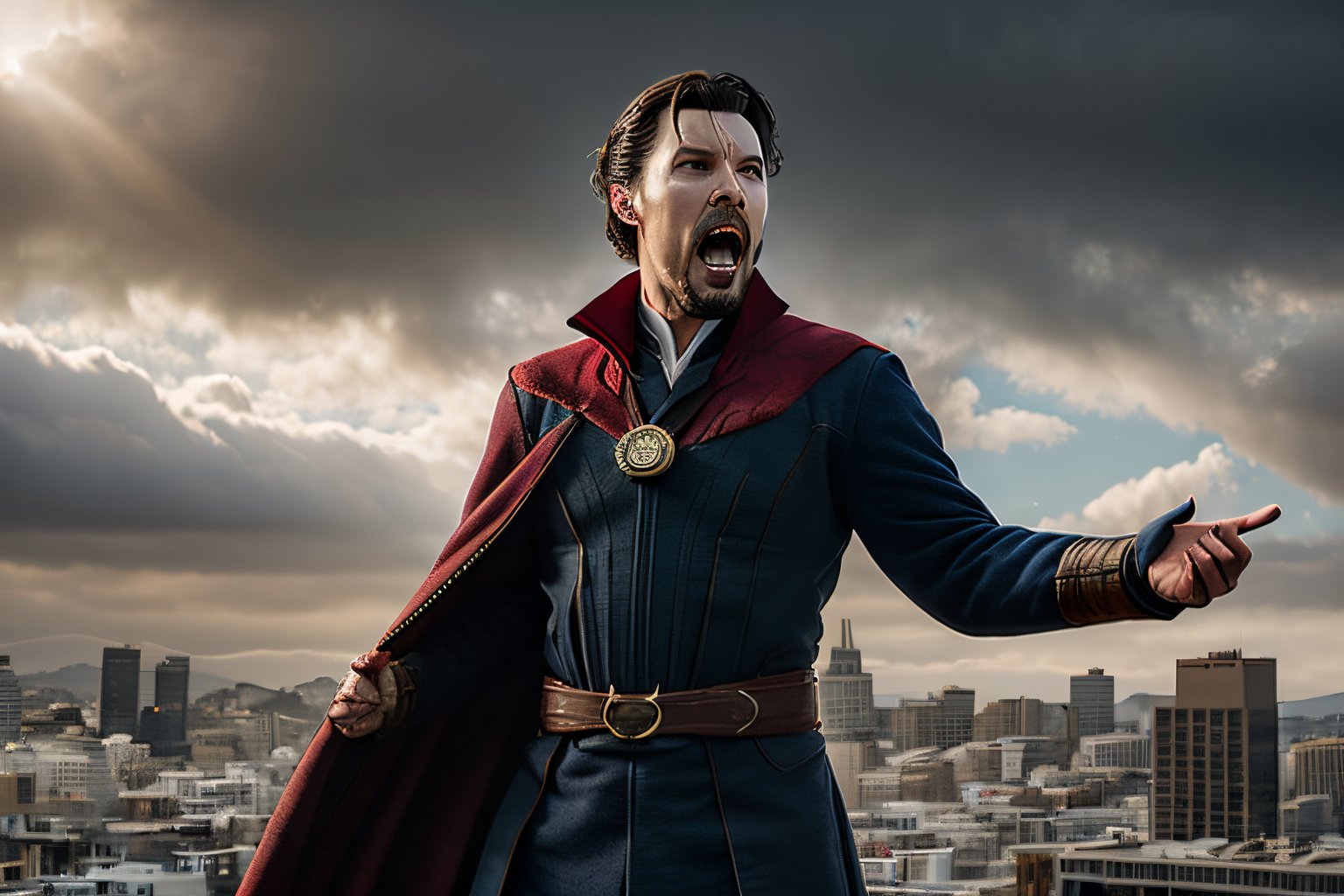 Photorealistic, Marvel's doctor strange, facial portrait, screaming, cloudy sky, san Francisco city skyline, 