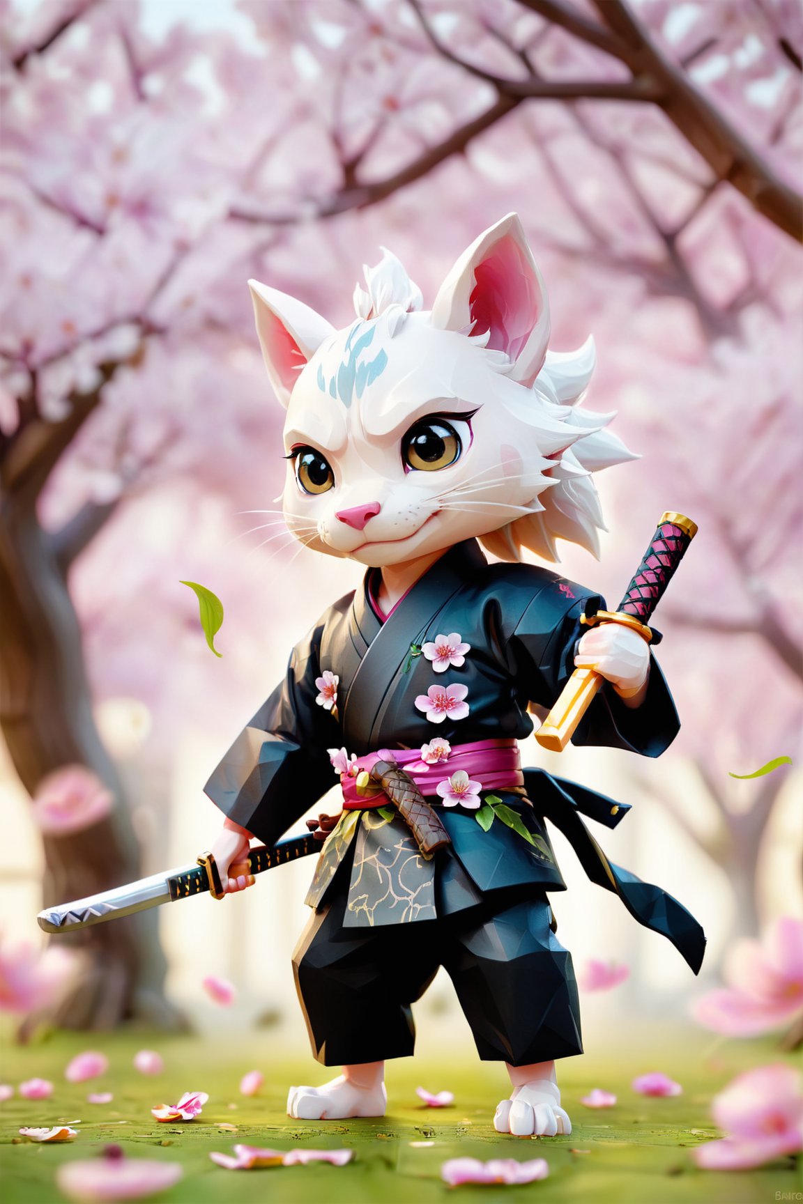 Amazing detailed photography of a cute adorable samurai dragon holding Katana with 2 paws, Cherry Blossom Tree petals floating in air, high resolution, piercing eyes,lifelike fur, Anti-Aliasing, FXAA, De-Noise, Post-Production, SFX, insanely detailed & intricate, hypermaximalist, elegant, ornate, hyper realistic, super detailed, noir coloration, serene, 16k resolution, full body,
