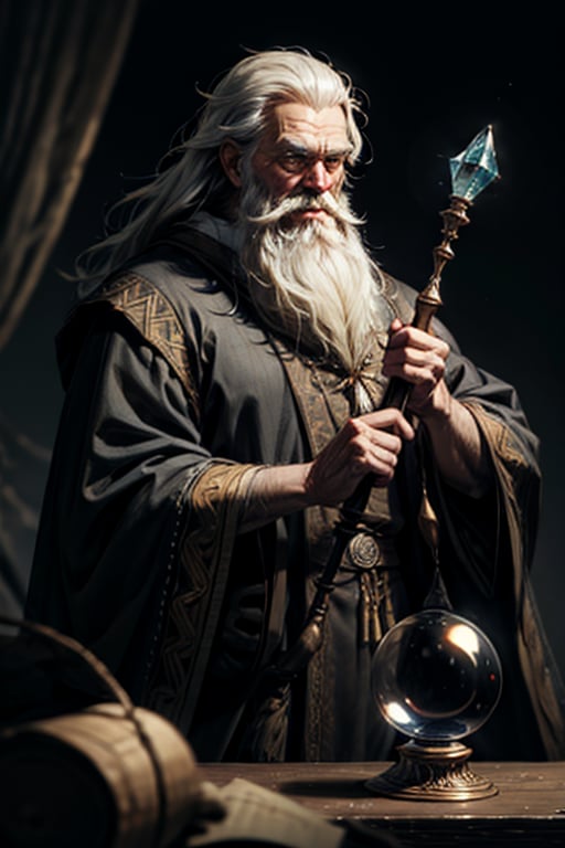 Generate an image of a wise old wizard with a long, flowing beard, holding a staff and gazing into a crystal ball, wizard supreme,