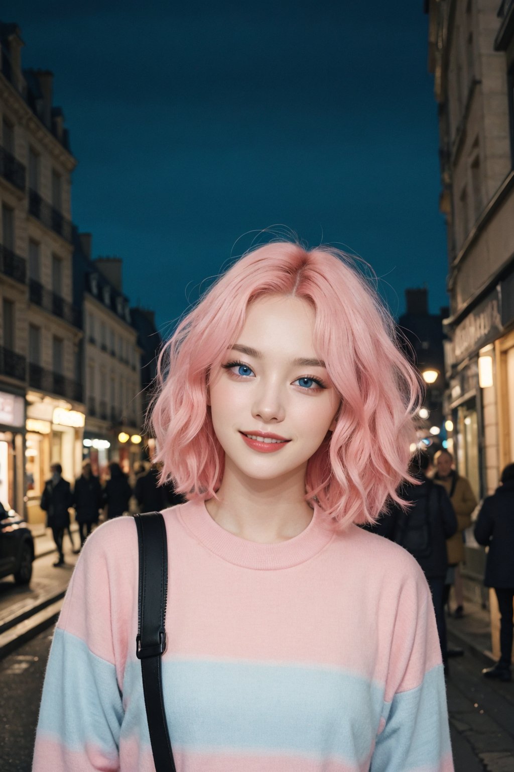 A beautiful Ukranian model, happpy face, cute, sharp light blue eyes, sharp face, highly detailed, short wavy black and pink gradient hair, in paris, nighttime, enjoying, modern clothes