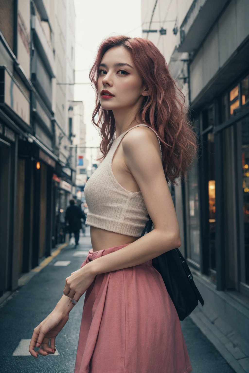 A beautiful Ukranian model wearing a black pink skirt, innocent face biting her lips, sharp eyes, sharp details, long wavy blonde hair, waist level photograph, setting should be in the cyberpunk city, detailed face, nikon, hasselblad, 35mm, F/ 1. 4, 4K, photojournalism, busy background, volumetric lighting, art photography in the style of MK Slowinski, Alexey Kazantsev