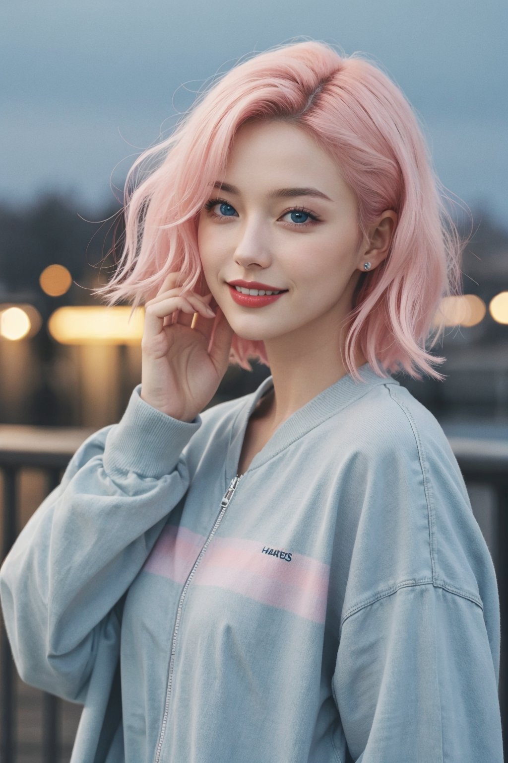 A beautiful Ukranian model, happpy face, cute, sharp light blue eyes, sharp face, highly detailed, short wavy black and pink gradient hair, in paris, nighttime, enjoying, modern clothes