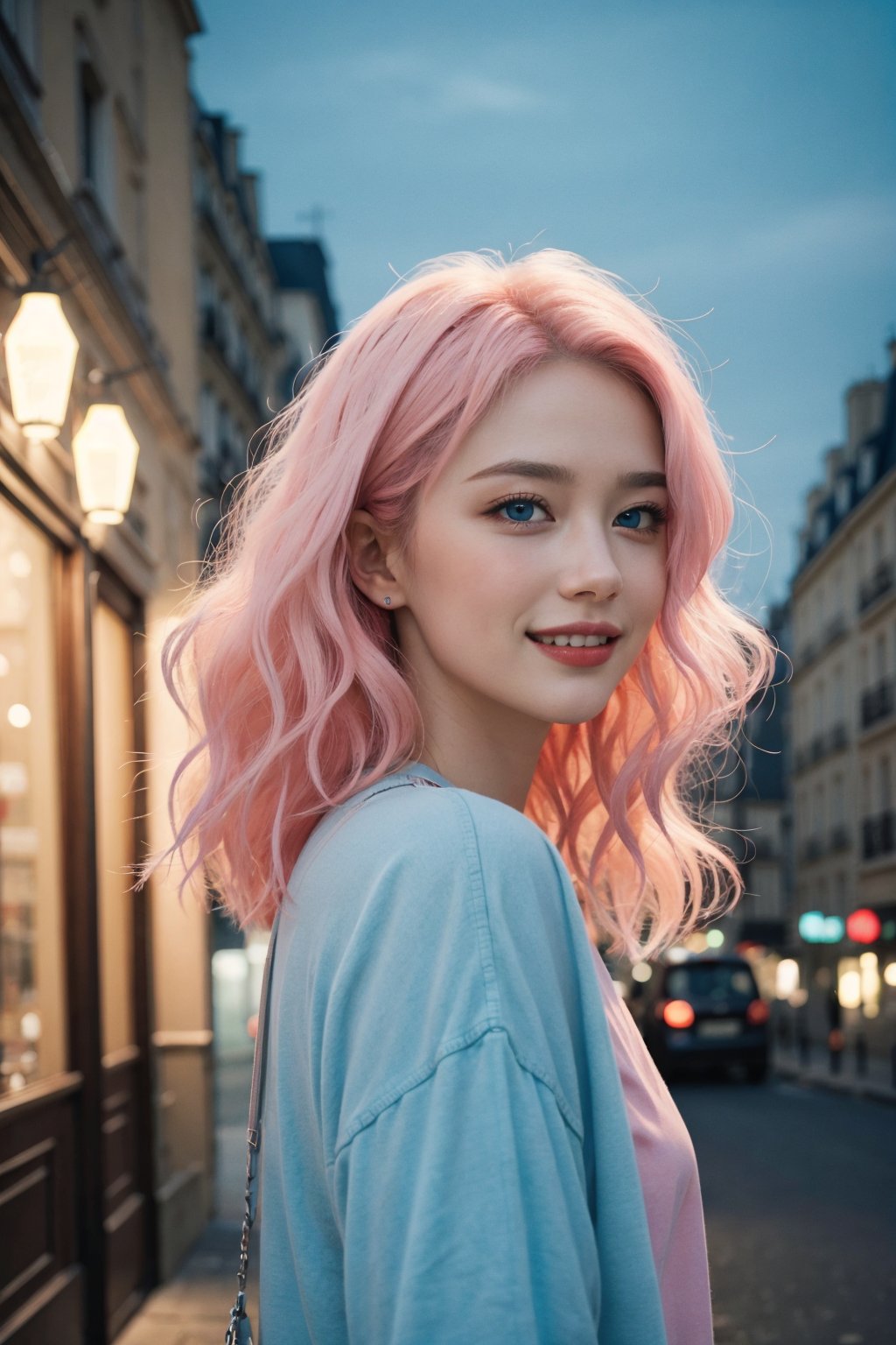 A beautiful Ukranian model, happpy face, cute, sharp light blue eyes, sharp face, highly detailed, short wavy black and pink gradient hair, in paris, nighttime, enjoying, modern clothes