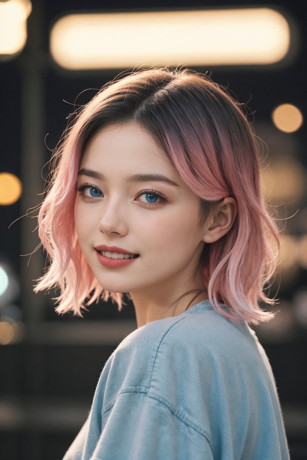 A beautiful Ukranian model, happpy face, cute, sharp light blue eyes, sharp face, highly detailed, short wavy black and pink gradient hair, in paris, nighttime, enjoying, modern clothes