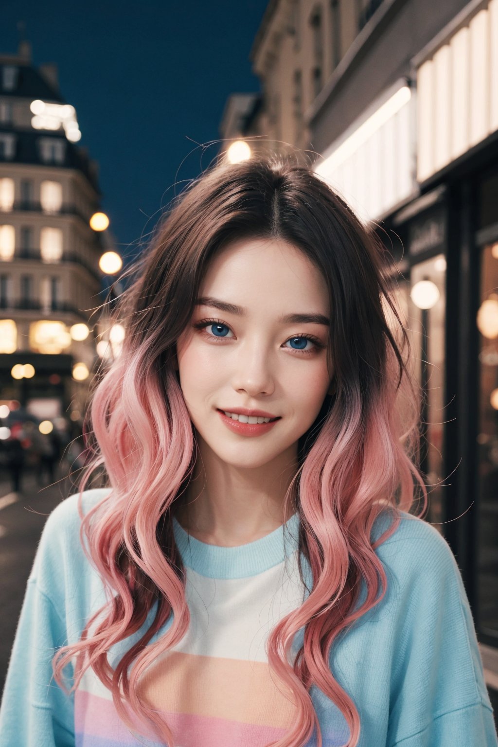 A beautiful Ukranian model, happpy face, cute, sharp light blue eyes, sharp face, highly detailed, short wavy black and pink gradient hair, in paris, nighttime, enjoying, modern clothes