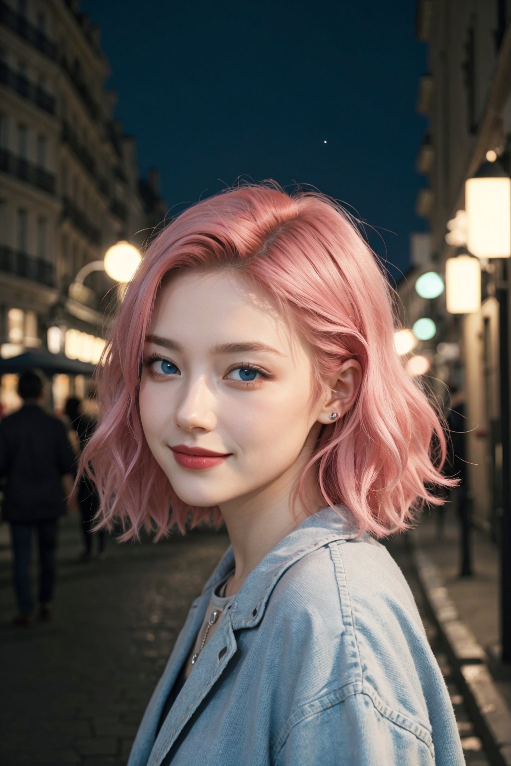 A beautiful Ukranian model, happpy face, cute, sharp light blue eyes, sharp face, highly detailed, short wavy black and pink hair, in paris, nighttime, enjoying, modern clothes