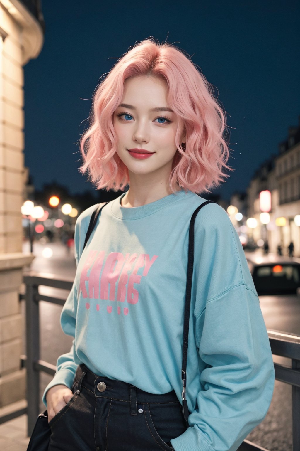 A beautiful Ukranian model, happpy face, cute, sharp light blue eyes, sharp face, highly detailed, short wavy black and pink gradient hair, in paris, nighttime, enjoying, modern clothes