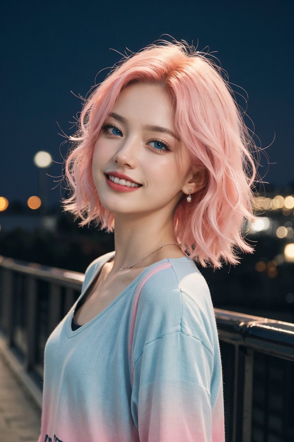 A beautiful Ukranian model, happpy face, cute, sharp light blue eyes, sharp face, highly detailed, short wavy black and pink gradient hair, in paris, nighttime, enjoying, modern clothes