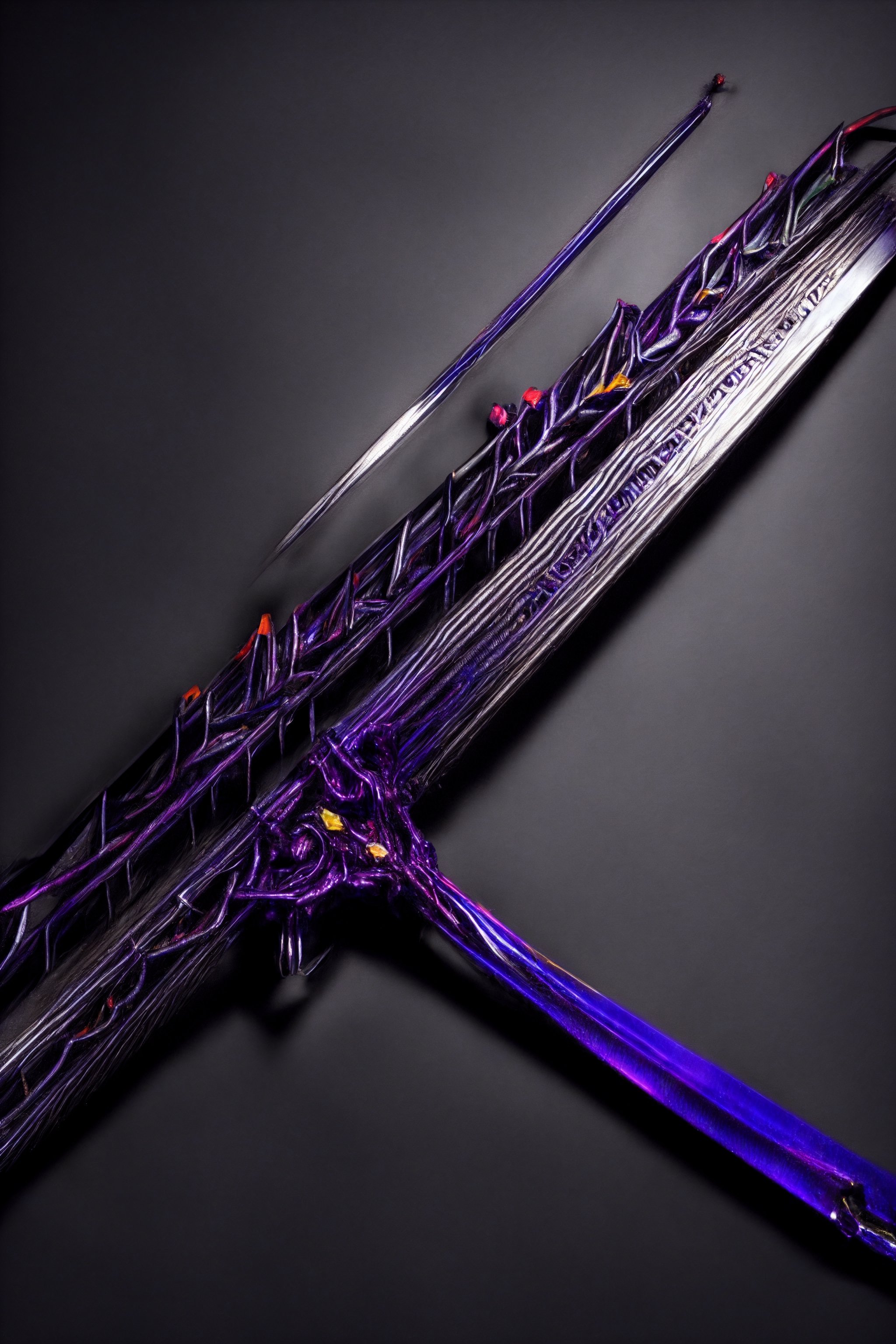 (masterpiece, best quality, high resolution),  lora:shodan-10:0.6, , dark purple theme, shadow theme, smoke theme, neon, neon colors, glowing sword, levetating upright sword, magnetic aura making sword float in the air, purple and black glowing colored aura around sword, small rocks levetating around sword, smoke around sword, swirls of energy throughout sword, crystal see through sword, chipped sword, cracks in sword, 12k, realistic, ultra realistic, detailed, ultra detailed, dark background, old decreptic cavern with overgrown vines and trees, small rays of light through ceiling, ,CGgame weaponicon esw,CGgameweaponicon gsw,phcrystal