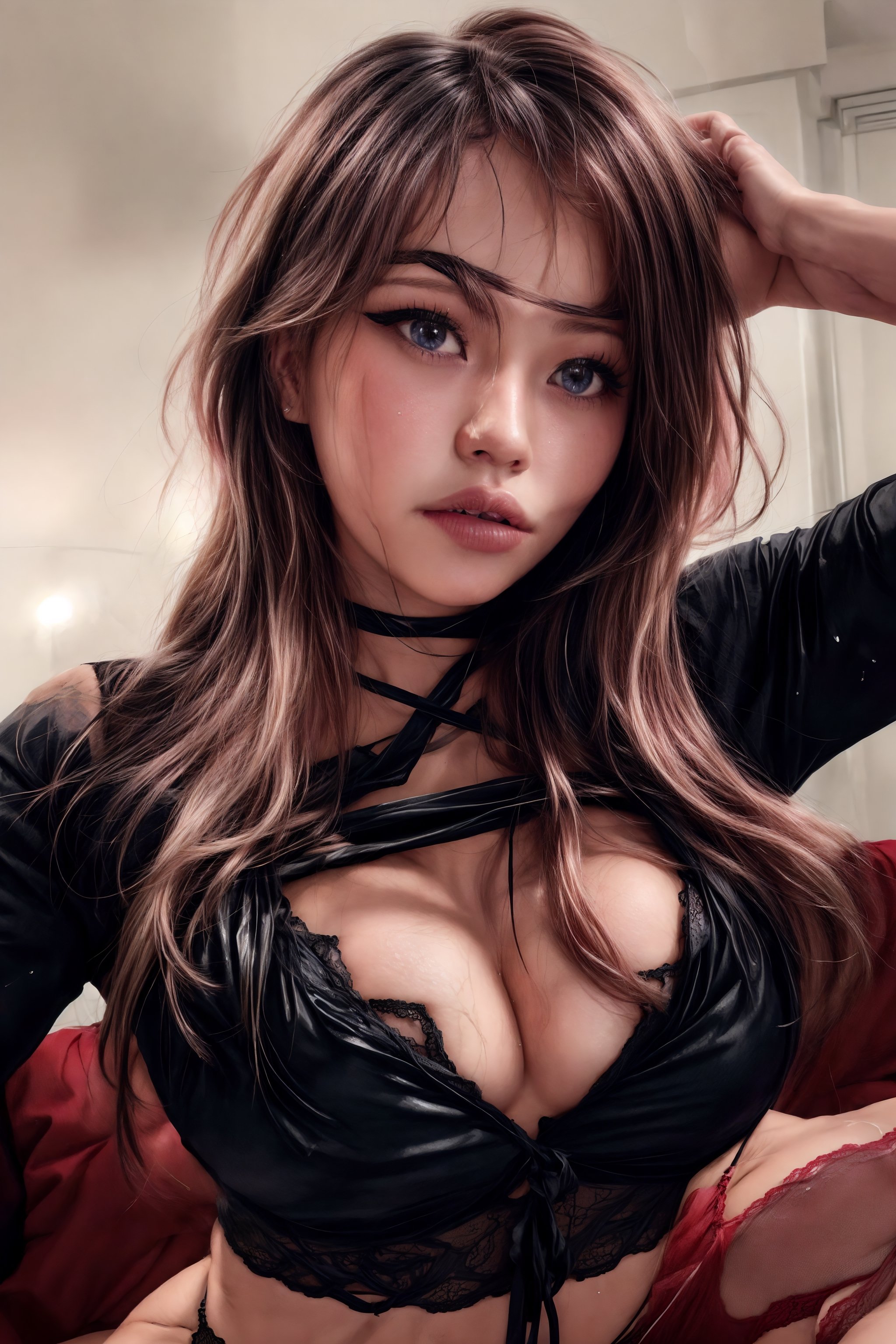  20 year old russian girl, beautiful, model, sexy, horny, seductress, seducing, sensual, long layered blonde hair, long layered hair over breasts and down to waist, long layered bangs that cover partial face,wet clothes, oily skin, realistic skin, realistic, 8k, best quality, horny, orgasm, enhancing breasts and panties. dark background, blue eyes, pink lips, thick lips, sexy lips, glossy lips,  detailed lips, wet lips, detailed eyes, blush, black eye liner, long eye lashes, light tan,sexy lingerie, tiny pink panties, ,pov hands,HeadpatPOV,leashed_pov, sexy lingerie,taaarannn,chakumomi,lora:hyoon_v1:0.8,breast grab,breast hold,from below,breasts squeezed together,POV