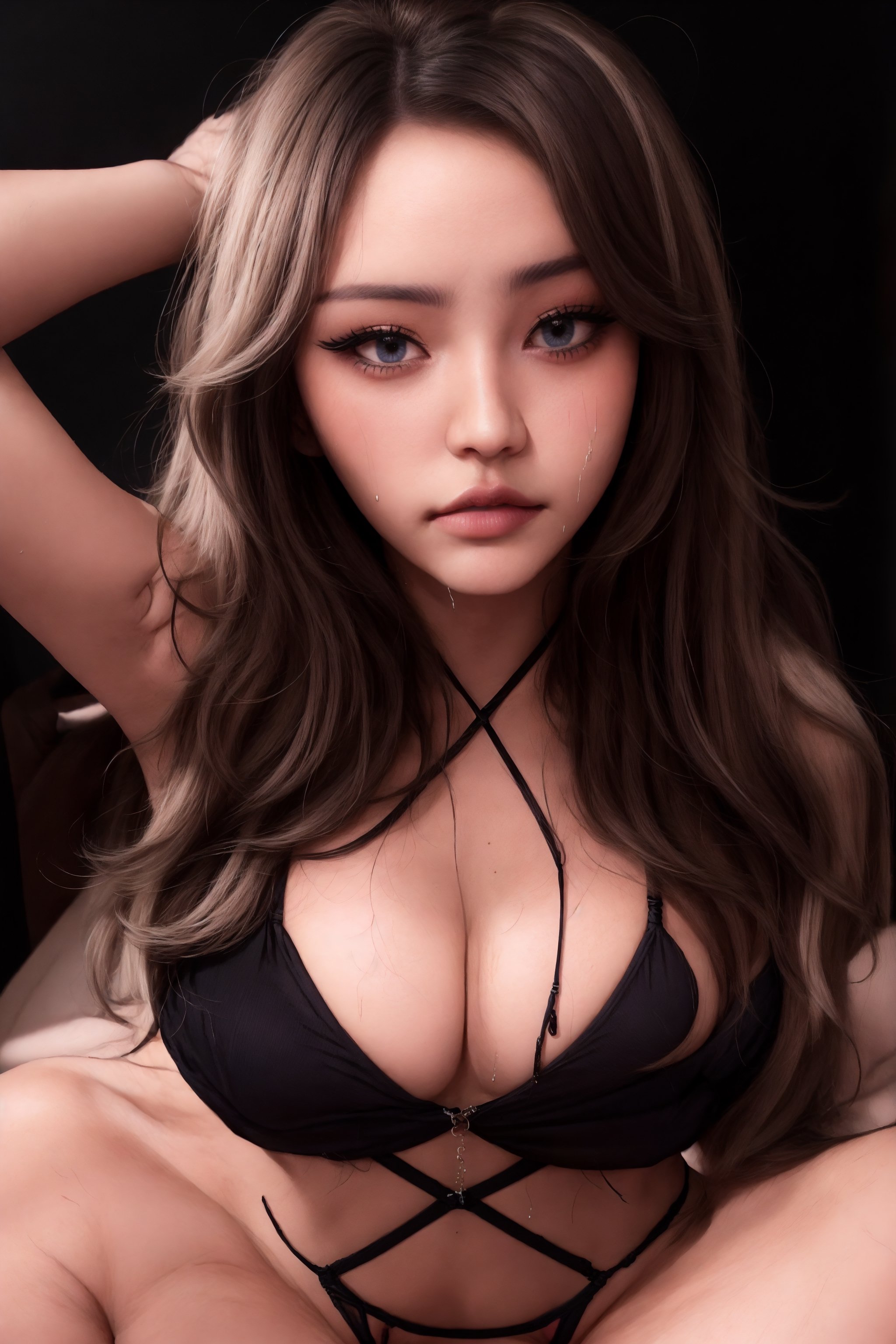  20 year old russian girl, beautiful, model, sexy, horny, seductress, seducing, sensual, long layered blonde hair, long layered hair over breasts and down to waist, long layered bangs that cover partial face,wet clothes, oily skin, realistic skin, realistic, 8k, best quality, horny, orgasm, enhancing breasts and panties. dark background, blue eyes, pink lips, thick lips, sexy lips, glossy lips,  detailed lips, wet lips, detailed eyes, pink blush, black eye liner, long eye lashes, light tan,sexy lingerie, tiny pink panties, ,pov hands,HeadpatPOV,leashed_pov, sexy lingerie,taaarannn,chakumomi,lora:hyoon_v1:0.8,breast grab,breast hold, perfect skin, perfect breasts, perfect face, perfect eyes, perfect lips, perfect makeup, perfect hair, 